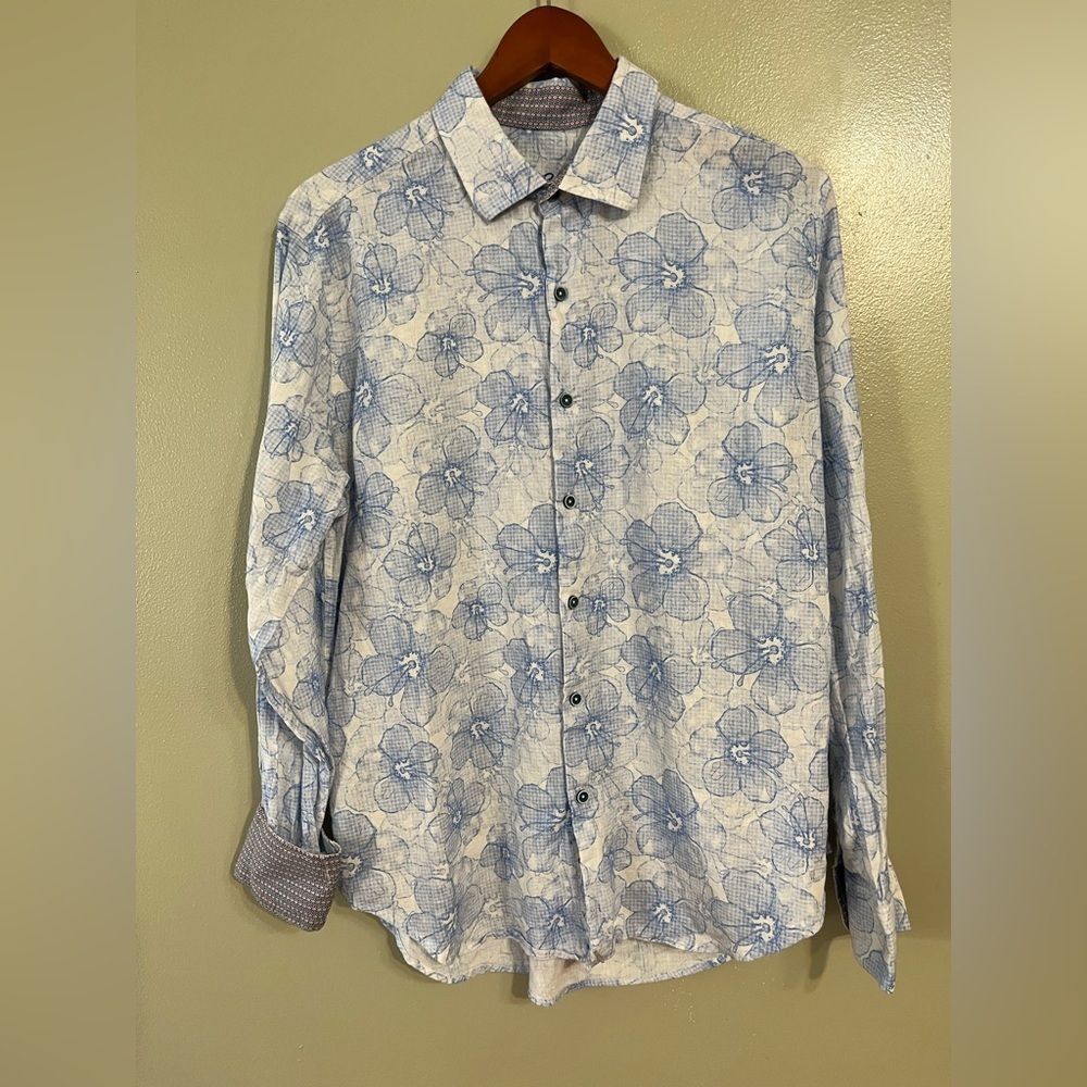Robert Graham Men's Blue Floral Shirt Long Contrast Sleeve Linen Blend L